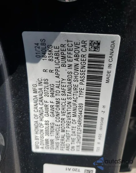 2024 Honda Civic Sport from USA, damaged, VIN 2HGFE2F54RH544389